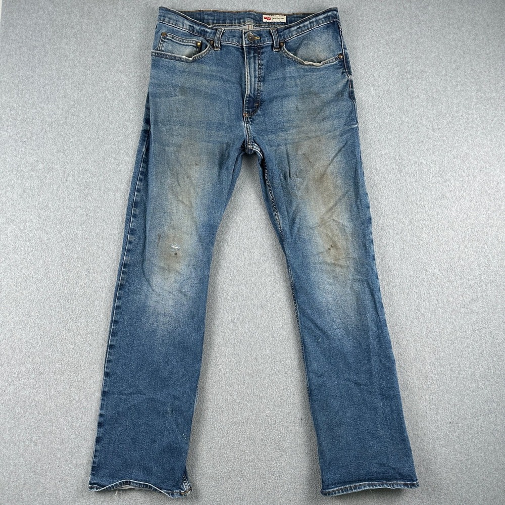 Wrangler Jeans Mens 35x32 Blue Relaxed Boot Thrashed Distressed Workwear Denim
